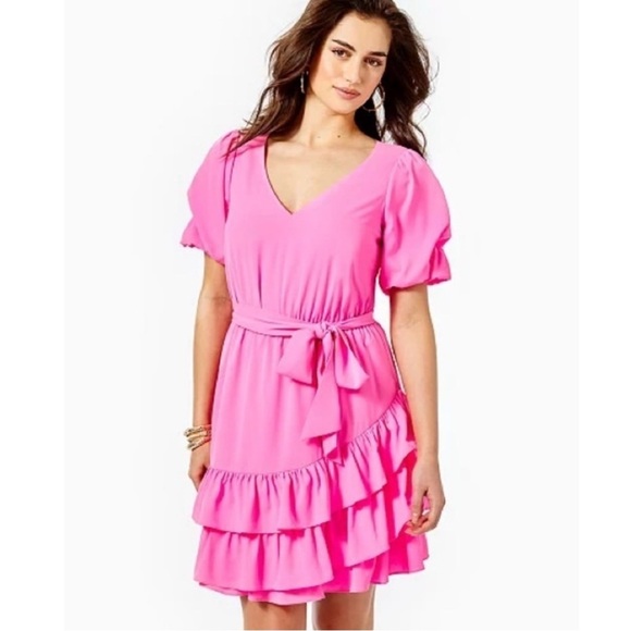 Lilly Pulitzer Martha Stretch Ruffle Dress In Prosecco Pink sz 4 - Picture 4 of 13